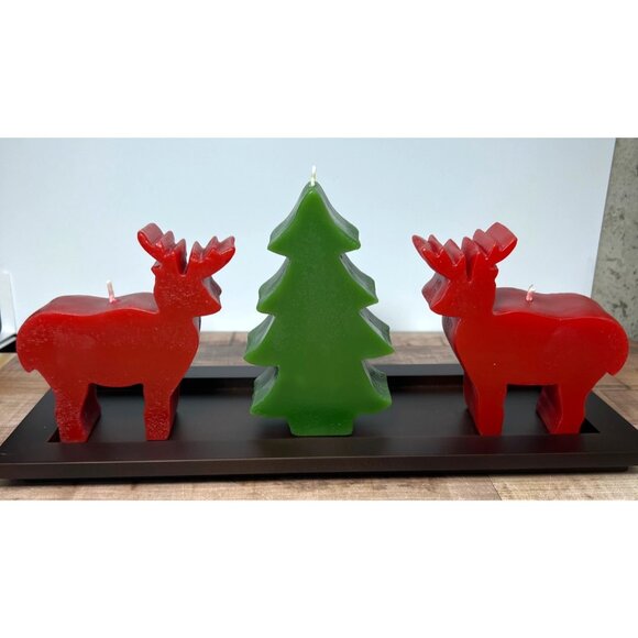 Reindeer & Tree Paraffin Wax Candle Set Of 3 With Wood Tray - Picture 1 of 7